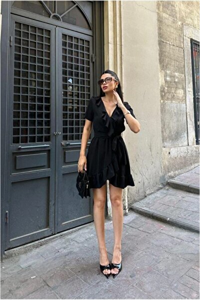 Şeker Portakalım Crepe V Fabric Dress with Collar and Midi Belt