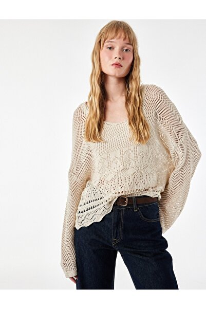 Koton V-Neck Long Sleeve Lace-Like Knit Knitwear Sweater