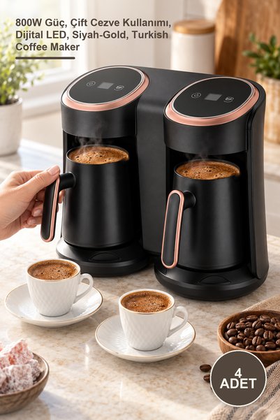 Yenilig 4 Adet İkili Otomatik Türk Kahve Makinesi – 800W Güç, Çift Cezve Kullanımı, Dijital LED, Siyah-Gold, Turkish Coffee Maker