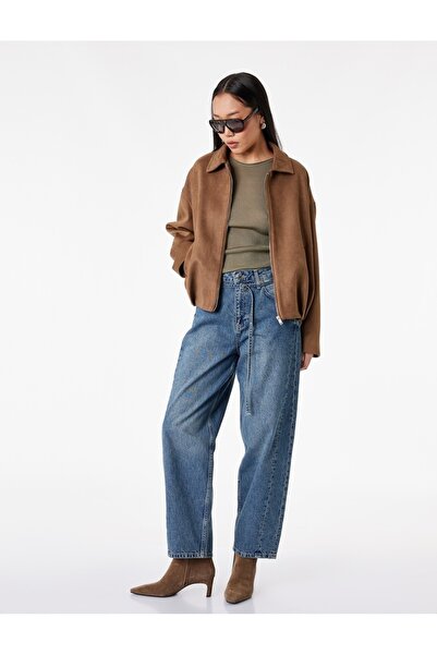 Koton Cotton Belted Stitched Detail Comfortable Fit Straight Leg Denim Trouse...