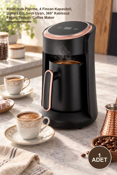Yenilig 1 Adet Tek Hazneli Otomatik Türk Kahve Makinesi – 800W Hızlı Pişirme, 4 Fincan Kapasiteli, Dijital LED, Sesli Uyarı, 360° Kablosuz Taban, Turkish Coffee Maker