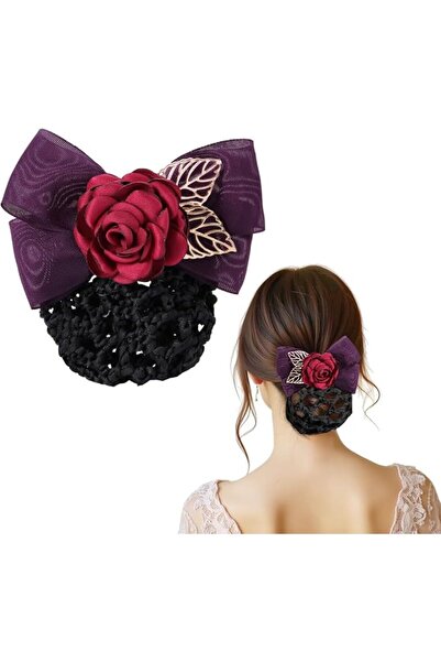 Hannea Hair Bun Net for Women, Floral Rose Bowknot with Clip, Snood
