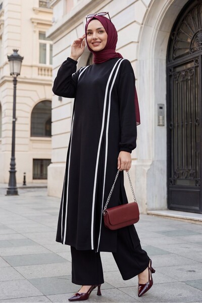 Modamorfo Pantsuit with Front Slit and Stripes - Black