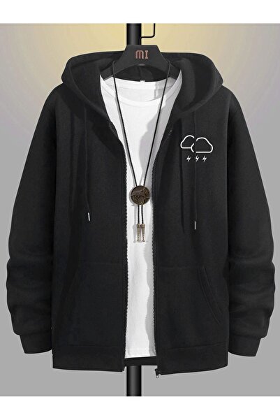 Mythologie 3 Thread Black Cloud Logo Zippered Winter Cardigan - Printed Overs...