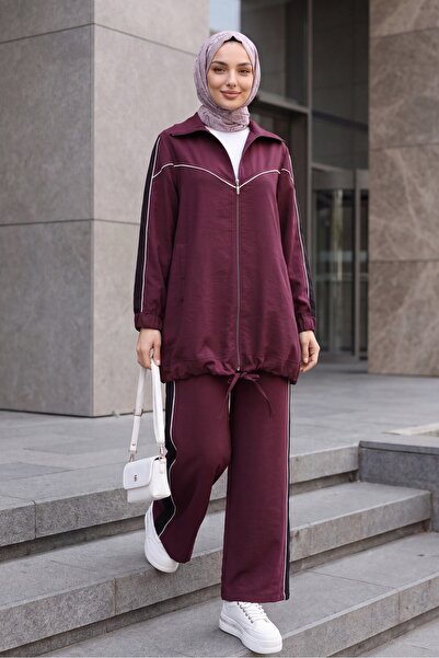 Modamorfo Striped Skirt, Lace-Up Trousers, Pocketed Zipper Suit - Plum
