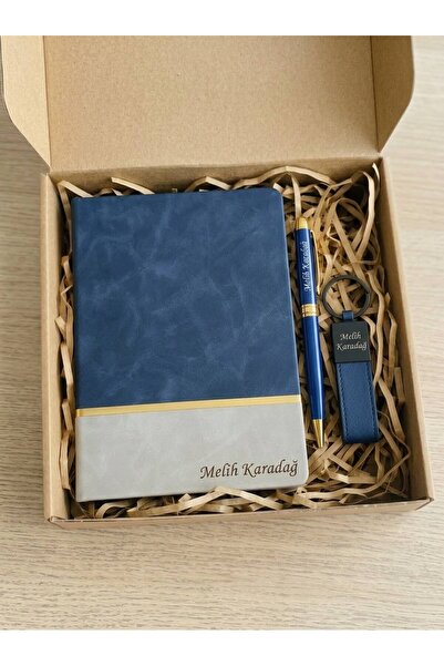 P&M Gift Shop Kişiye Özel Ajanda Set VIP Defter & Kalem & Anahtarlık Set - Mavi