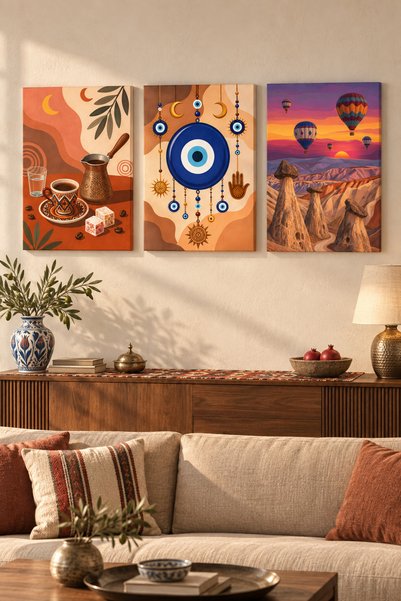 ATLAS DUVAR SANATI TÜRK BOHO 3’LÜ ÇERÇEVESİZ KANVAS DUVAR TABLOSU SETİ