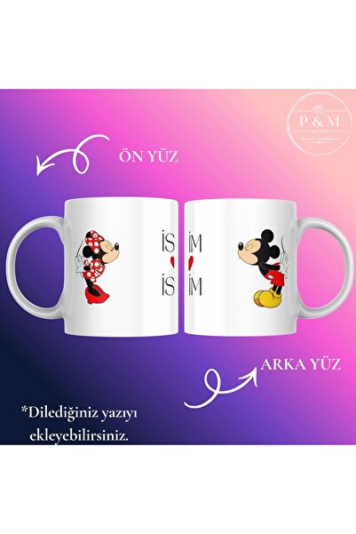 P&M Gift Shop Kişiye Özel Kupa Bardak Mickey & Minnie Animasyon Temalı Yeni T...