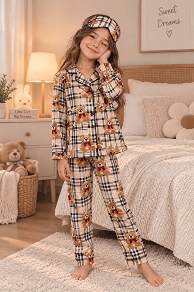 paytak kids Kız Çocuk Pamuklu Süet Kumaş Bej Ekose Ayıcık Desen Gömlek Yaka K...