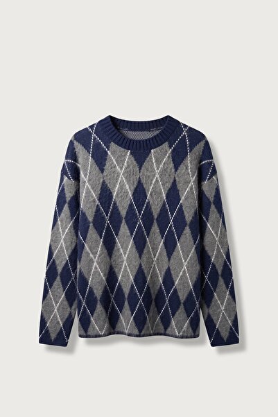 ablukaonline Men's Relax Fit Diamond Patterned Knitwear Sweater Navy Blue