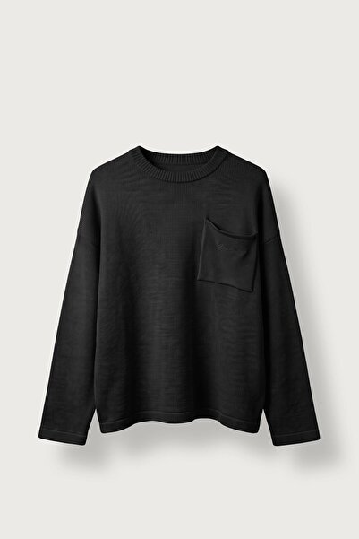 ablukaonline Men's Oversize Crew Neck Tokyo Written Knitwear Sweater Black