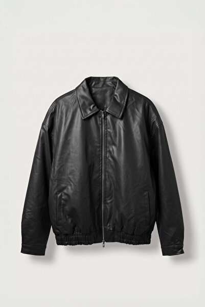ablukaonline Erkek Relax Fit Bomber Deri Ceket Siyah