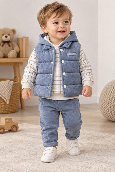 Bilge Trend ERKEK BEBEK KAPÜŞONLU SWEAT , ŞİŞME YELEK , PANTOLON 3 PARÇA PREM...