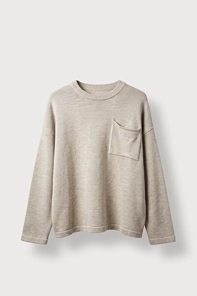 ablukaonline Men's Oversize Crew Neck Tokyo Written Knitwear Sweater Beige