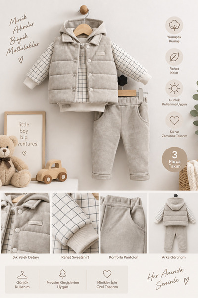 Bilge Trend ERKEK BEBEK KAPÜŞONLU SWEAT , ŞİŞME YELEK , PANTOLON 3 PARÇA PREMİUM SERİ KIŞLIK TAKIM