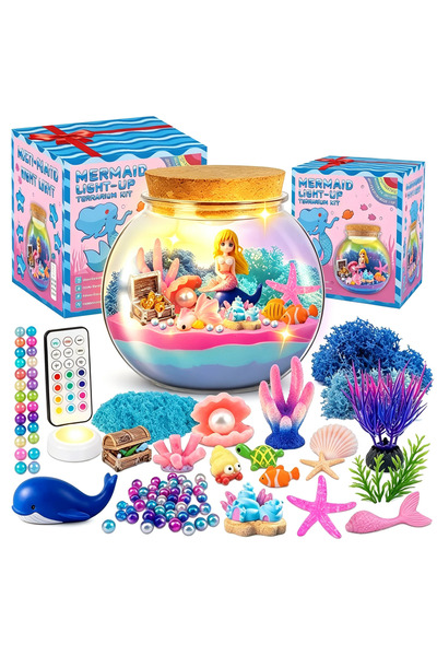 Velkyn Mermaid Light-up Terrarium DIY Craft Kit, LED Night Light with Remote ...