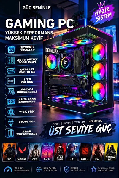 TOPLAMA OYUNCU RYZEN 7 7800X3D| ASUS B840 WİFİ | 16 GB DDR5 RAM | 1 TB M2 SSD...