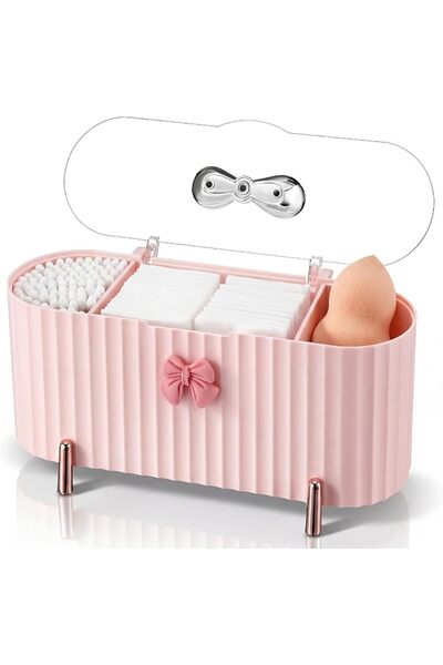 GENERAL YelaJoy Pink Makeup Organizer, 3 Compartment Vanity Storage Box, Cott...