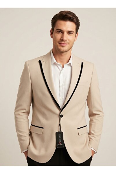SABRİ ZENGİN Men's Beige Special Design Slim Fit Blazer Single Jacket