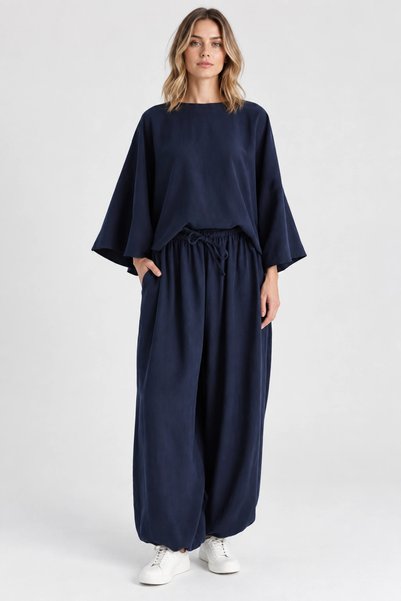MEVESE Rahat Kesim Modal Takım - Yarasa Kol Oversize Bluz ve Geniş Paça Şalva...