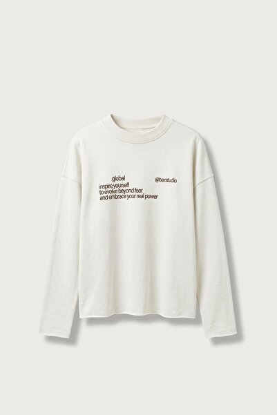 ablukaonline Erkek Boxy Fit Yazı Baskılı Bisiklet Yaka Sweatshirt Ekru