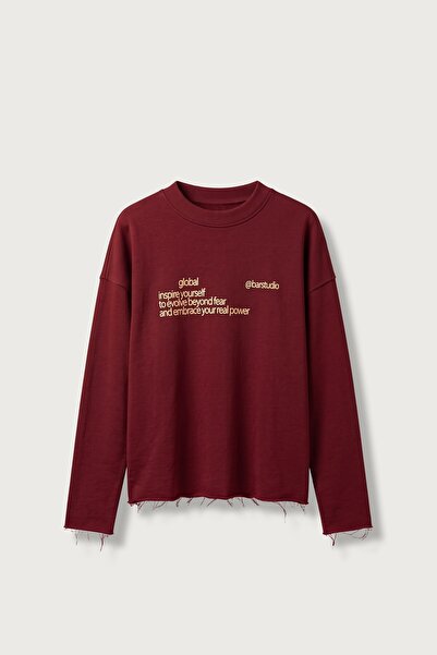 ablukaonline Erkek Boxy Fit Yazı Baskılı Bisiklet Yaka Sweatshirt Kırmızı