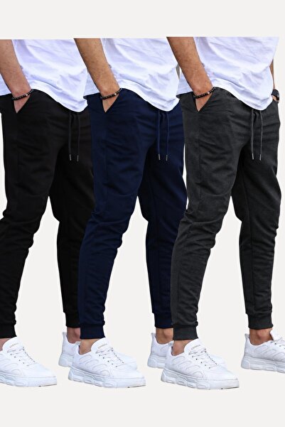 SURMARİ Set of 3 Unisex Regular Fit Ribbed Leggings in Black, Gray, Navy Blue...