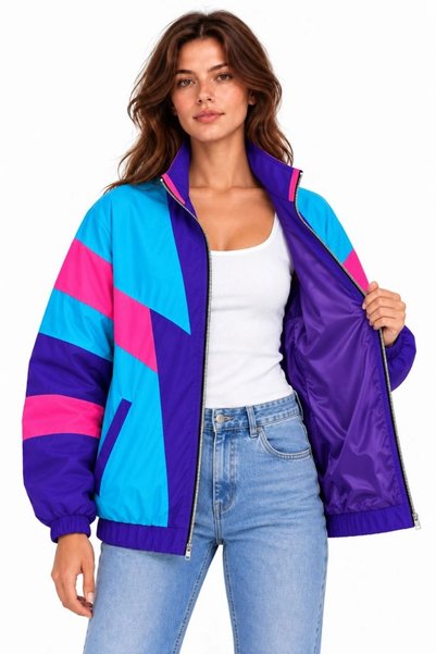 Generic Brand Women's 80S Retro Wintage Digital Printed Zippered Windbreaker Seasonal Jacket
