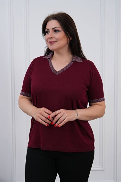 D LAVELLA Kadın Büyük Beden Simli Polo Yaka Merserize Triko Bluz 40/52 Uyumlu...