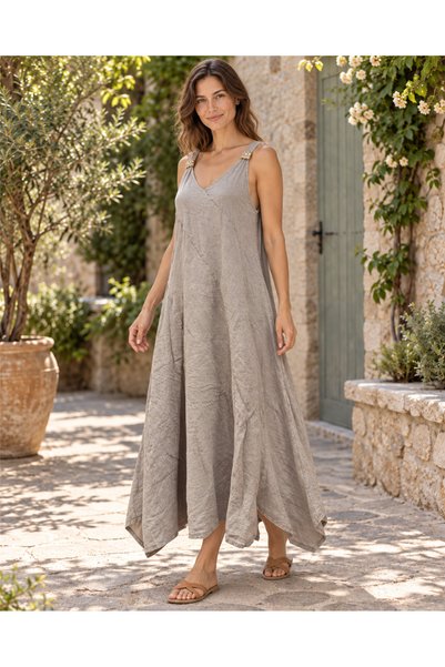 Miss Boheme Mink Color Double Brooch Detailed Strappy Casual Italian Linen Dress