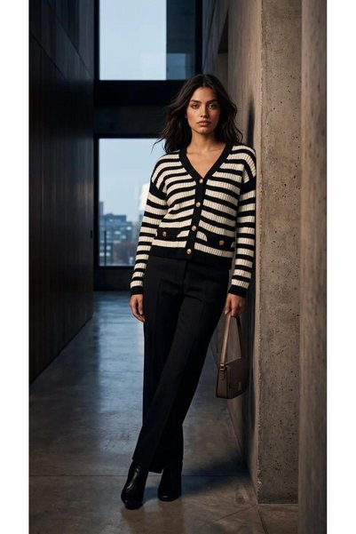 ArdaEge Black Striped Gold Buttoned V-Neck Knitwear Cardigan