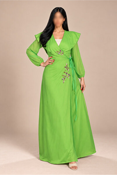 Rose Apple Green Wrap Around Jalabiya with Luxurious Leaf Embroidery