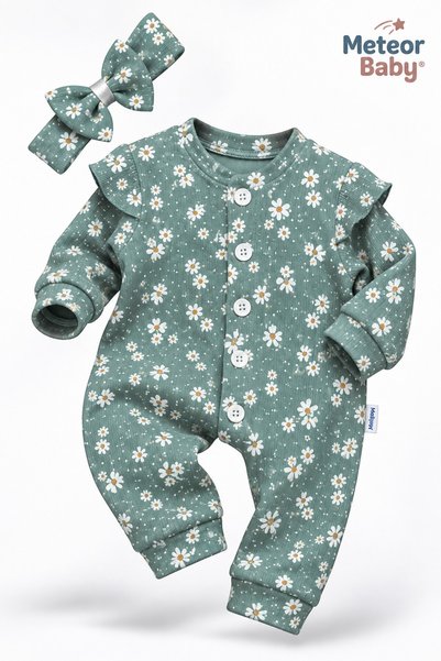 METEOR BABY Baby Girl Jumpsuit Daisy Patterned Ruffle Detailed Hairband 2-Pie...