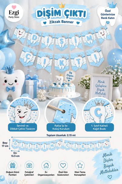 Ezgi Party Store Blue My Tooth Came Out Banner 2.15 Meters First Tooth Party ...