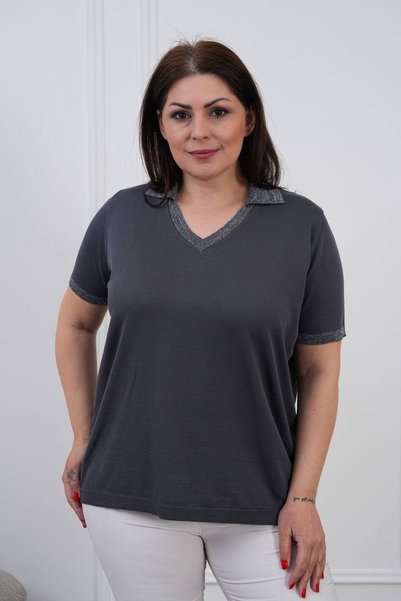 D LAVELLA Kadın Büyük Beden Simli Polo Yaka Merserize Triko Bluz 40/52 Uyumlu...