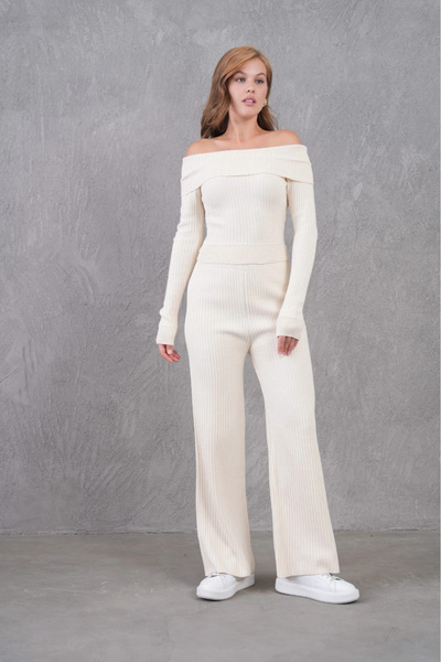 ModaSehle Women's Ecru Off-Shoulder Long-Sleeved Top and Wide-Leg Pants with ...