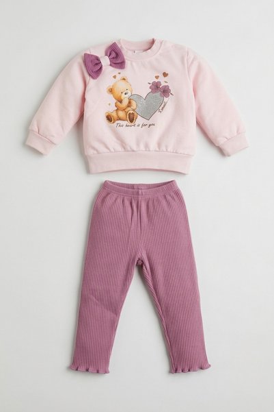zumino Baby Girl Teddy Bear and Heart Print Bowknot Sweatshirt and Ribbed Leg...