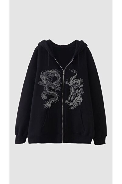 Toum Gothic Graphic Oversize Zippered Unisex Hooded Cardigan