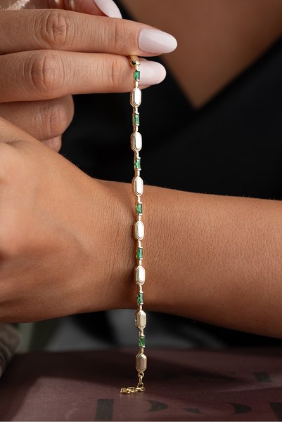 Silvano Jewelry 925 Ayar Gümüş Yeşil Baget Taşlı Desenli Bileklik