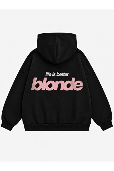 Mad&Calf سترة نسائية من Life is Better ذات قلنسوة مطبوعة باللون الأشقر ومقاس ...