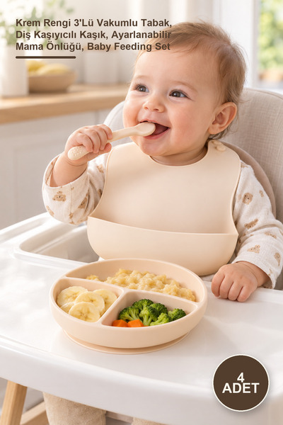 Yenilig 4 Adet Silikon Bebek Beslenme Seti – Krem Rengi 3'Lü Vakumlu Tabak, Diş Kaşıyıcılı Kaşık, Ayarlanabilir Mama Önlüğü, Baby Feeding Set