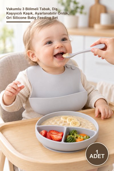 Yenilig 1 Adet Silikon Bebek Mama Seti – Vakumlu 3 Bölmeli Tabak, Diş Kaşıyıcılı Kaşık, Ayarlanabilir Önlük, Gri Silicone Baby Feeding Set