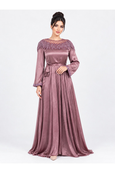 Opera Fashion فستان سهرة طويل ساتان بياقة مطرزة وحزام - وردي