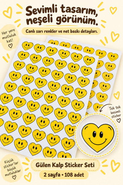 Hanelia Art Smiling Heart Sticker Set 108 Pieces 2 Sheets Yellow Smile Heart ...