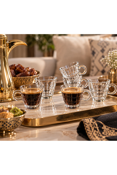 Dania طقم فناجين إسبريسو وقهوة سعودية زجاج شفاف مزخرف – 6 قطع سعة 75 مل – فنا...