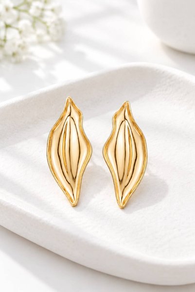 LYKOS Women's Gold Wavy Leaf Form Statement Earrings - Sculptural Oversized S...