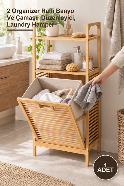 Yenilig 1 Adet Ahşap Bambu Çek-Aç Kirli Sepeti – 2 Organizer Raflı Banyo Ve Ç...