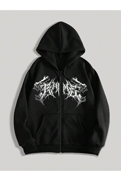 Toum Gothic Graphic Oversize Zippered Unisex Hooded Cardigan