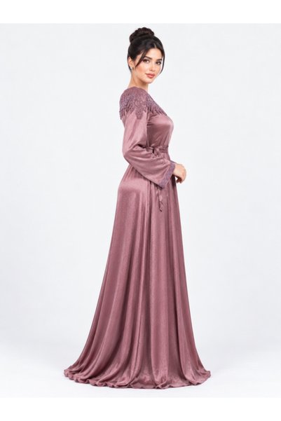 Opera Fashion فستان سهرة طويل ساتان بياقة مطرزة وحزام - وردي