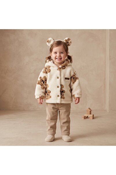 Deniva Kids Unisex Bebek & Çocuk Ayıcık Desenli Kulaklı Peluş Welsoft Hırka D...